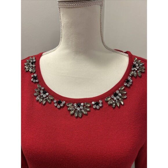 Charter Club Medium Embellished Jeweled Sweater Red Amore Bell Sleeve - Picture 2 of 5